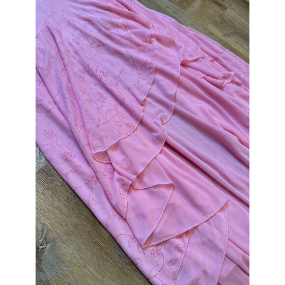 90s Y2K City Triangles Pink Floral Pattern Cottagecore Midi Dress With Ruffled H - Picture 7 of 13